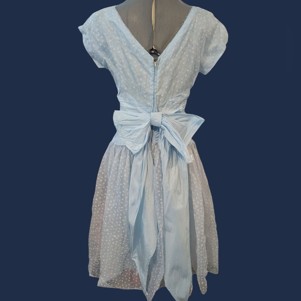 Vintage 50s 60s Women's Pastel Blue Embroidered Floral Bouffant Dress with Bow